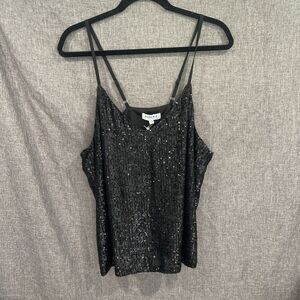 Gilli 1XL Black Sequin Cami Lined Dressy Top V Neck Slinky Event Prom Sparkle